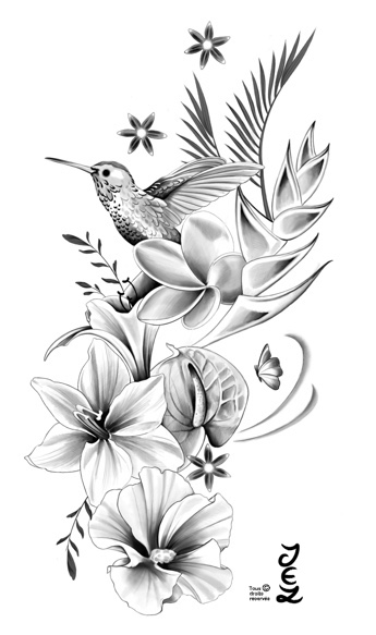 exemple de tatouage &eacute;nerg&eacute;tique avec des fleurs exotiques et un colibri pour se reconnecter &agrave; ses origines et &agrave; son pouvoir